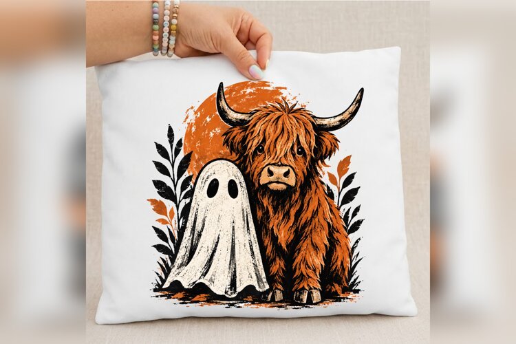 Halloween Highland Cow PNG, Cute Ghost Autumn Cow Design, example image 1