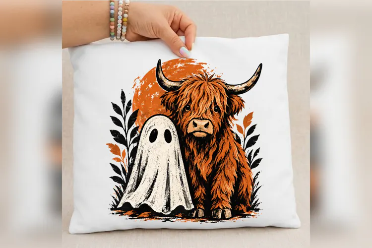 Halloween Highland Cow PNG, Cute Ghost Autumn Cow Design,