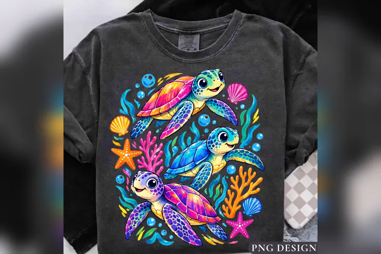 Colorful Sea Turtle PNG, Cute Ocean Turtle Shirt Design