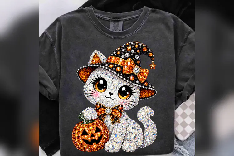 Bling Halloween Witch Cat PNG, Rhinestone Pumpkin Kitty