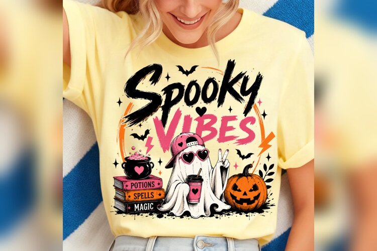 Spooky Vibes Ghost Halloween PNG, Pink Pumpkin Witchy Shirt example image 1