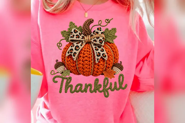 Crochet Pumpkin Thankful PNG, Leopard Bow Fall Design