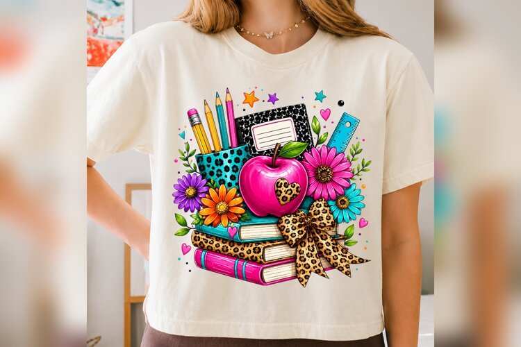 Preppy Teacher PNG, Pink Apple Leopard Bow, Back to School example image 1