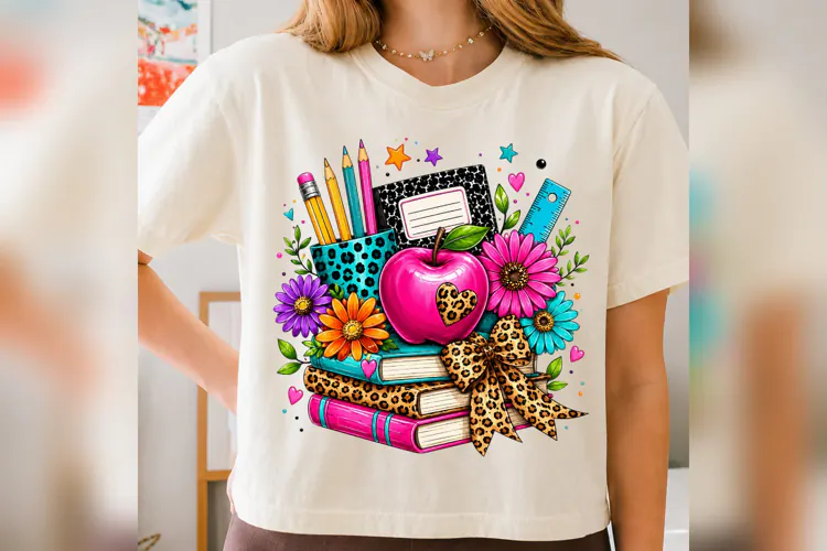 Preppy Teacher PNG, Pink Apple Leopard Bow, Back to School