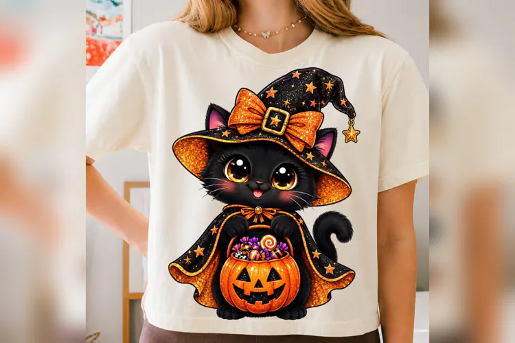 Halloween Black Cat PNG, Cute Witch Kitty Pumpkin Design