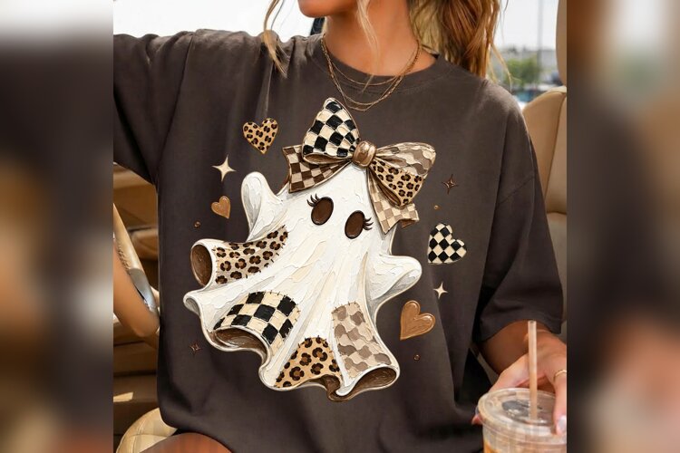 Coquette Ghost PNG, Leopard Checkered Bow Halloween PNG example image 1