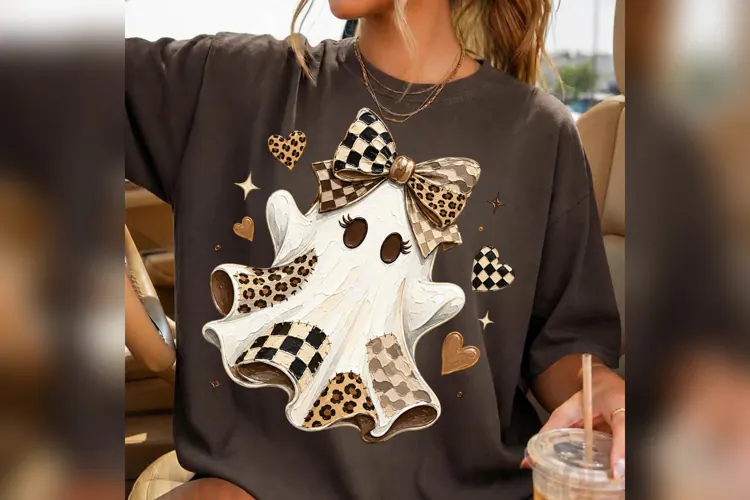 Coquette Ghost PNG, Leopard Checkered Bow Halloween PNG