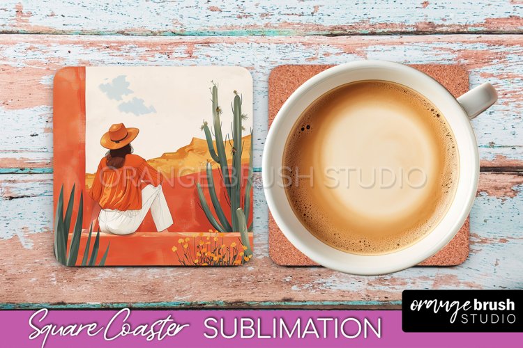 Boho Square Coaster Sublimation - Minimalist Landscape PNG