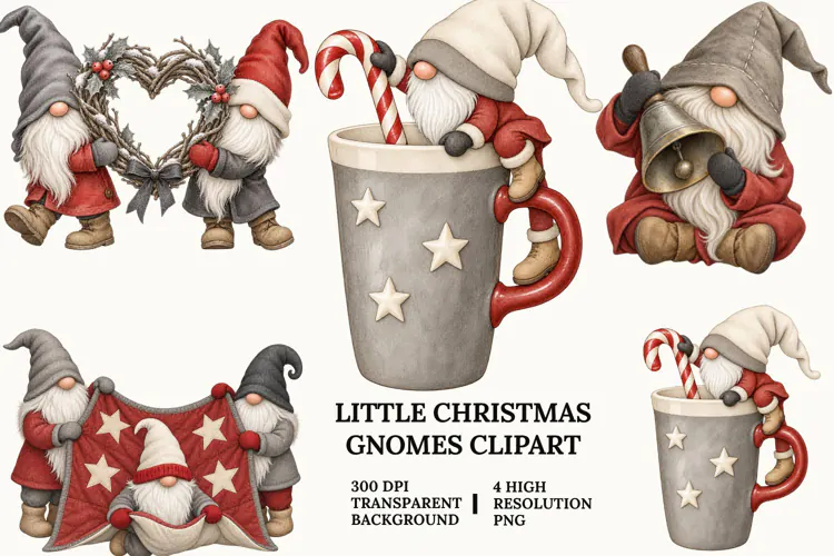 Little Christmas Gnome Clipart with Lights, Ornaments and Be