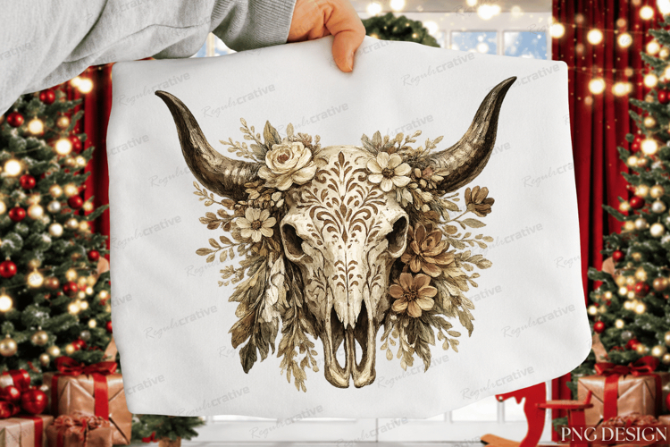 Boho Floral Longhorn Skull PNG Design | Western Cow Skull example image 1