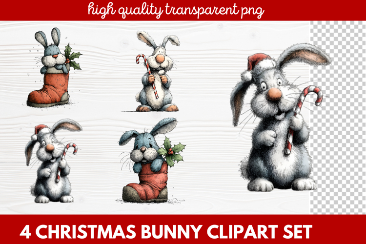 4 Christmas Bunny Clipart | Cute Holiday Bunny PNG Illus