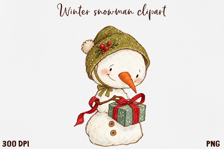 Cute Winter Snowman Clipart, Cozy Christmas Snowman PNG. example image 1
