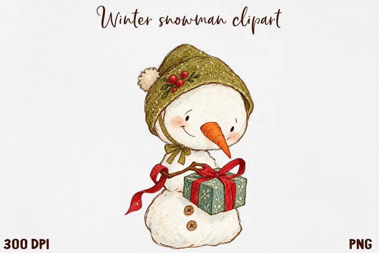 Cute Winter Snowman Clipart, Cozy Christmas Snowman PNG.