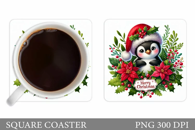 Cute Penguin Coaster Design. Christmas Coaster Sublimation