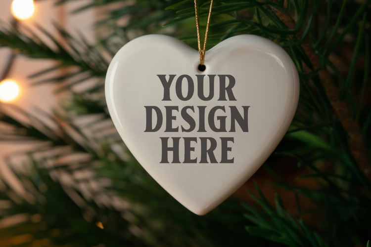 Romantic Christmas Ceramic Heart Ornament Mockup | Holiday