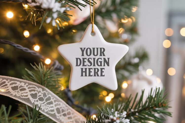 Christmas Star Ceramic Ornament Mockup | Cozy Boho Holiday D example image 1