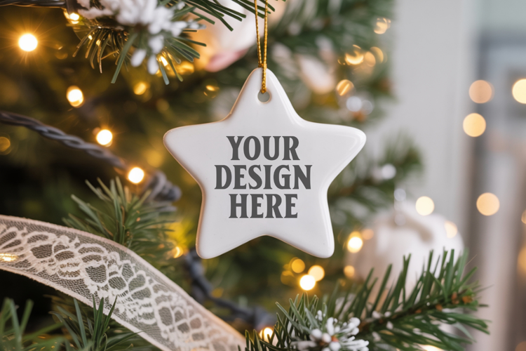 Christmas Star Ceramic Ornament Mockup | Cozy Boho Holiday D