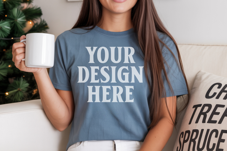 Blue Jean Comfort Colors 1717 Christmas Shirt Mockup, Cozy B