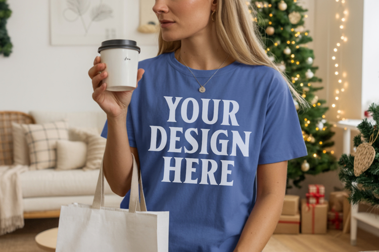 Comfort Colors 1717 Blue Jean Christmas T-Shirt Mockup, Boho