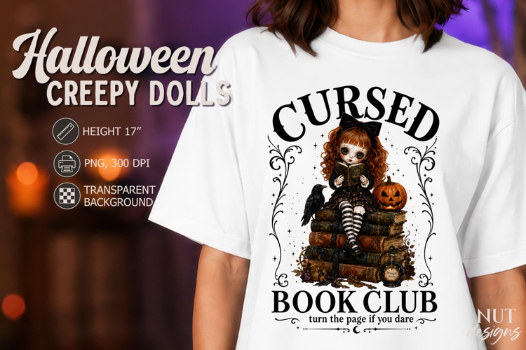Cursed Book Club Creepy Doll Gothic Halloween PNG