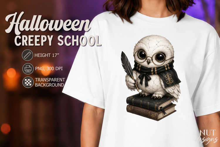 Creepy School Owl in vintage uniform Gothic Halloween PNG