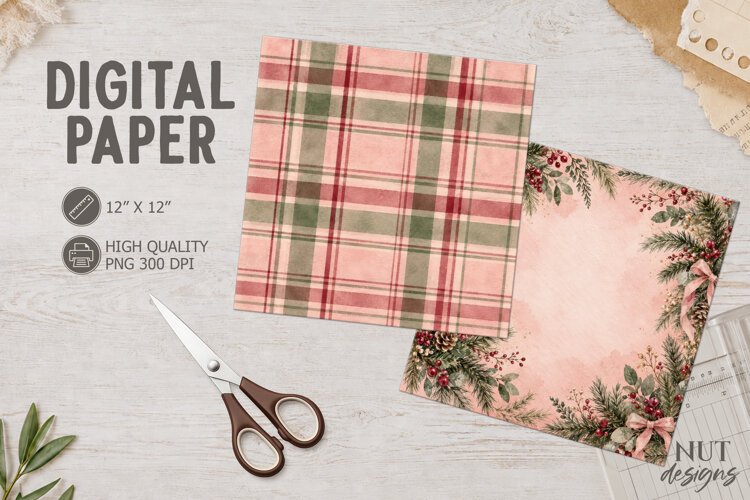 Pink Christmas Plaid Digital Paper blush, burgundy example image 1