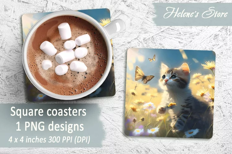 Cat Square Coasters | Summer Cat Sublimation Coaster|PNG