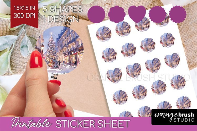 Christmas City Round Sticker - Cozy Christmas Printable