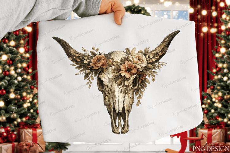 Boho Floral Cow Skull PNG Design | Western Bull Skull Sublim