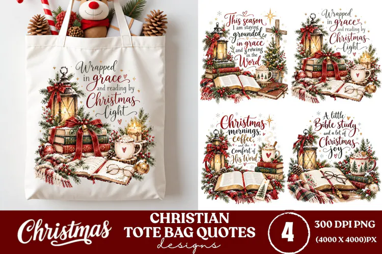 4 Christian Christmas Tote Bag PNGs, 4 Bible Lover Christmas