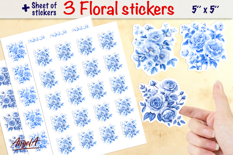 Chinoiserie floral stickers, blue flowers peonies roses PNG