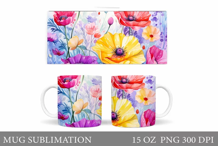 Wildflowers Mug Sublimation. Flowers Mug Wrap Design