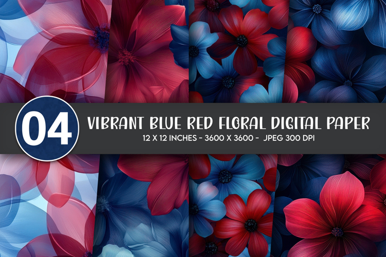 Vibrant Blue Red Floral Digital Paper