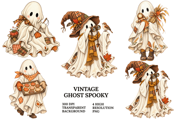 Vintage Halloween Ghost Watercolor PNG