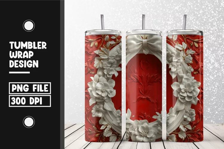 White and red floral frame Tumbler Wrap | Sublimation