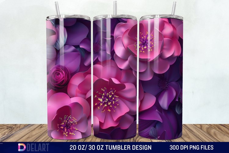3D Fuchsia and Violet Flowers Tumbler Wrap