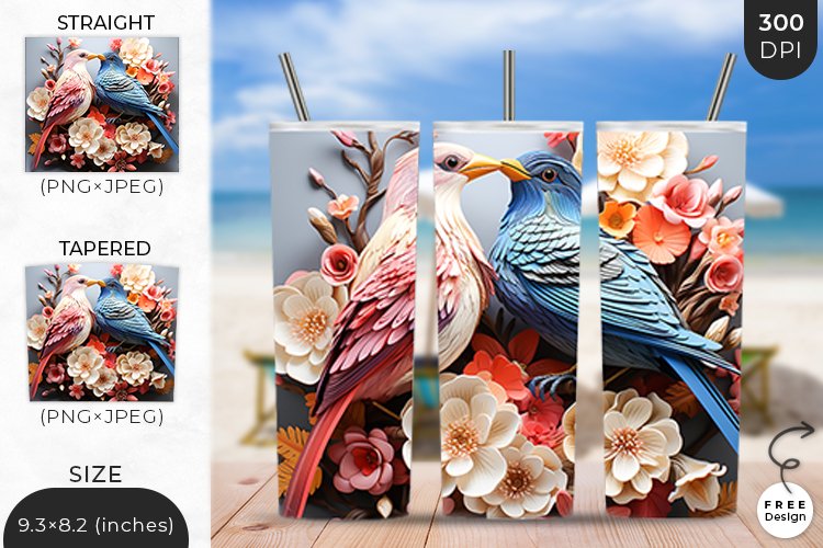 3D Cute Birds Tumbler Wrap| 3D Bird Sublimation
