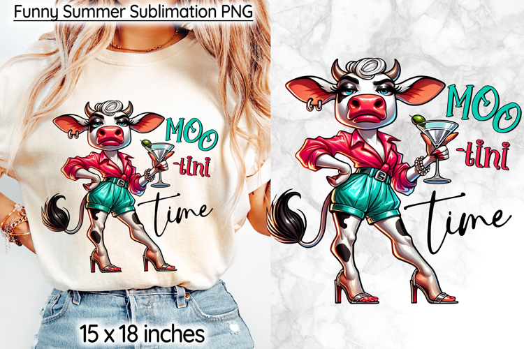 Funny Summer Cow Sublimation, Moo-tini Time Cow Cocktail PNG