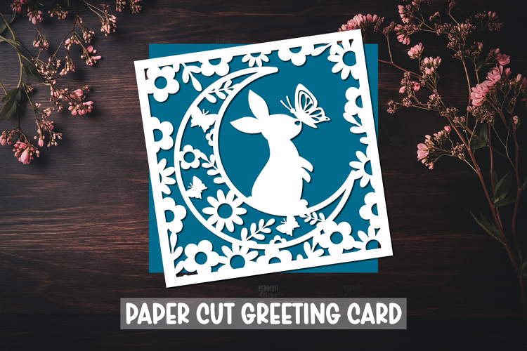 Baby bunny greeting paper cut card. Floral greeting card SVG