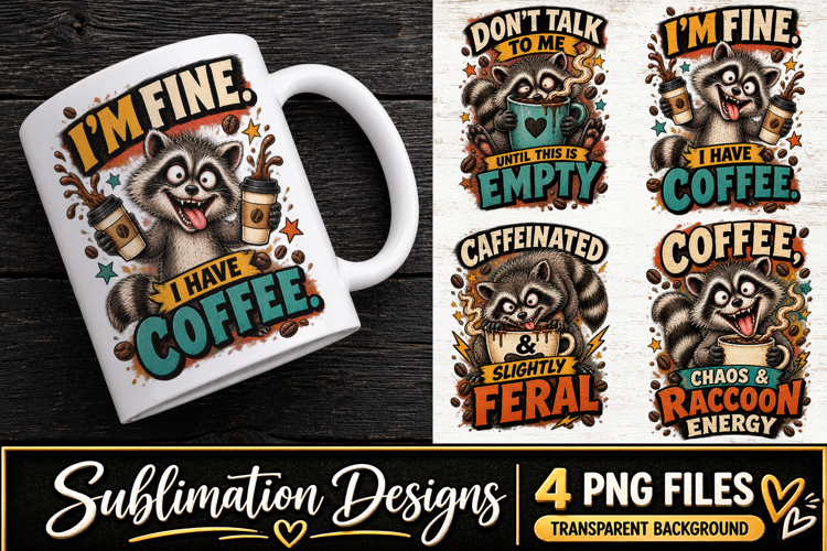 Funny Raccoon Coffee Clipart Sublimation PNG