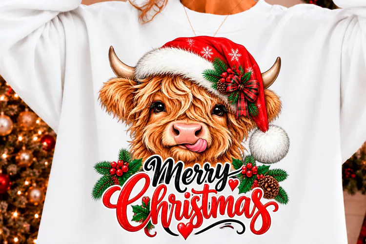 Highland Cow Merry Christmas Shirt Design