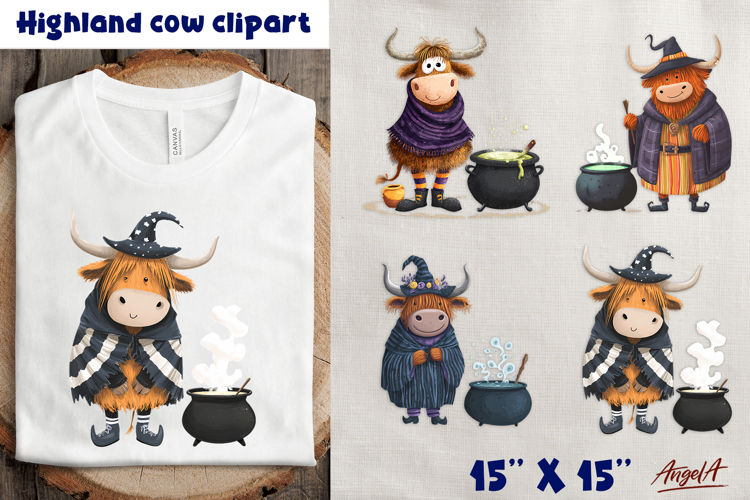 Halloween Highland cow with hat, witch cauldron clipart PNG