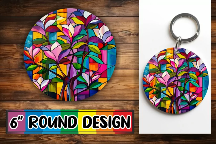 Colorful Tree Keychain Stained Glass Round Design Sublimatio