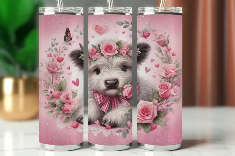 Valentine Tumbler Wrap 20 oz - highland cow with roses
