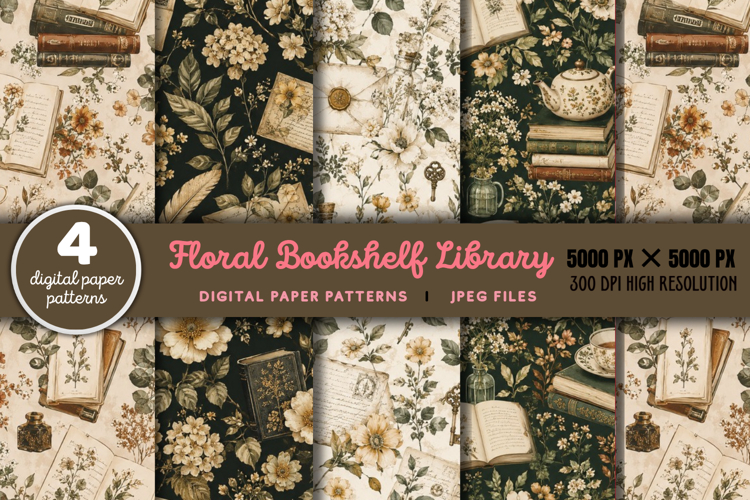 Floral Bookshelf Library Digital Pattern JPG