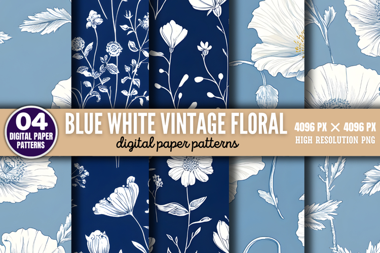 Blue White Vintage Floral Chinoiserie Digital Paper PNG