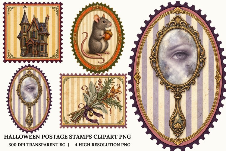 Halloween Postage Stamp PNG Vintage Clipart Sublimation Art example image 1