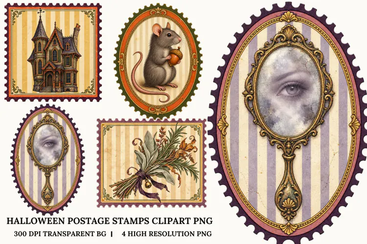 Halloween Postage Stamp PNG Vintage Clipart Sublimation Art