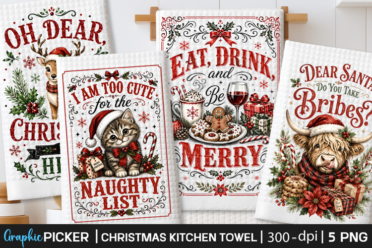 Christmas Kitchen Towel Sublimation, Vintage Christmas PNG