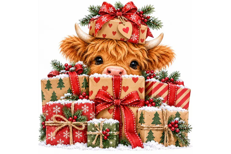 Christmas Highland Cow PNG, Watercolor Holiday Clipart
